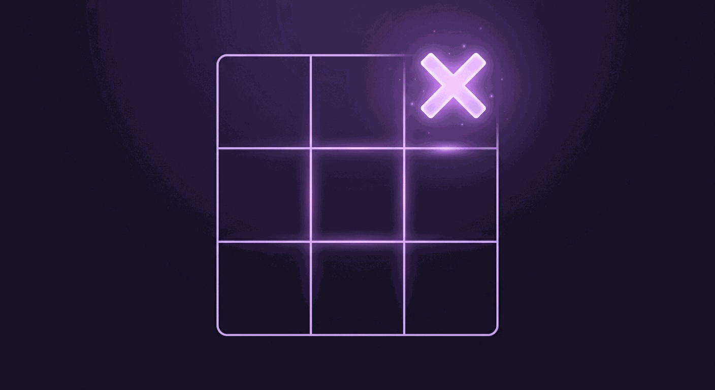 Papan tic-tac-toe kosong dengan satu tanda silang bercahaya siap diletakkan di sudut