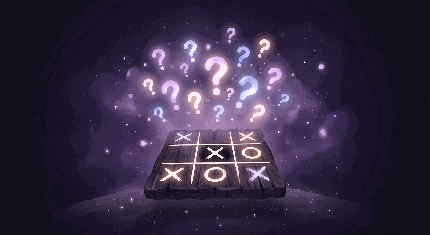 Tanda tanya bercahaya lembut mengapung di atas papan tic-tac-toe