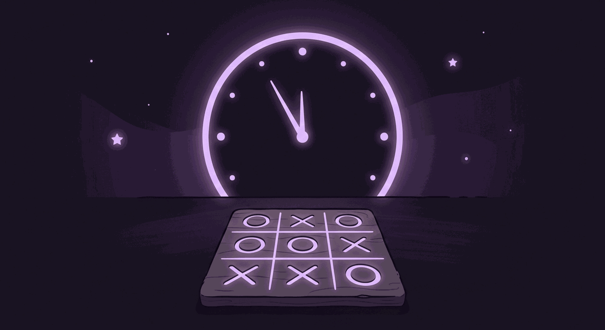 Papan tic-tac-toe usai permainan dengan garis waktu diam berwarna lilac di latar ungu malam