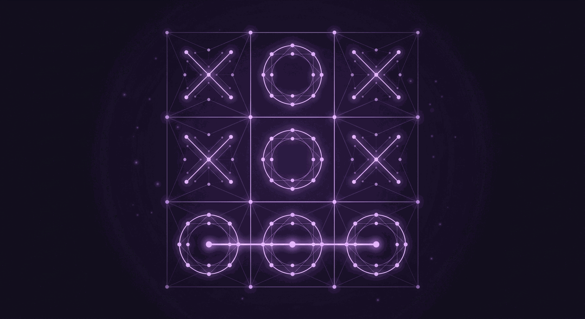 Susunan papan tic-tac-toe yang telah dipecahkan dengan titik-titik solusi menyala ungu lilac