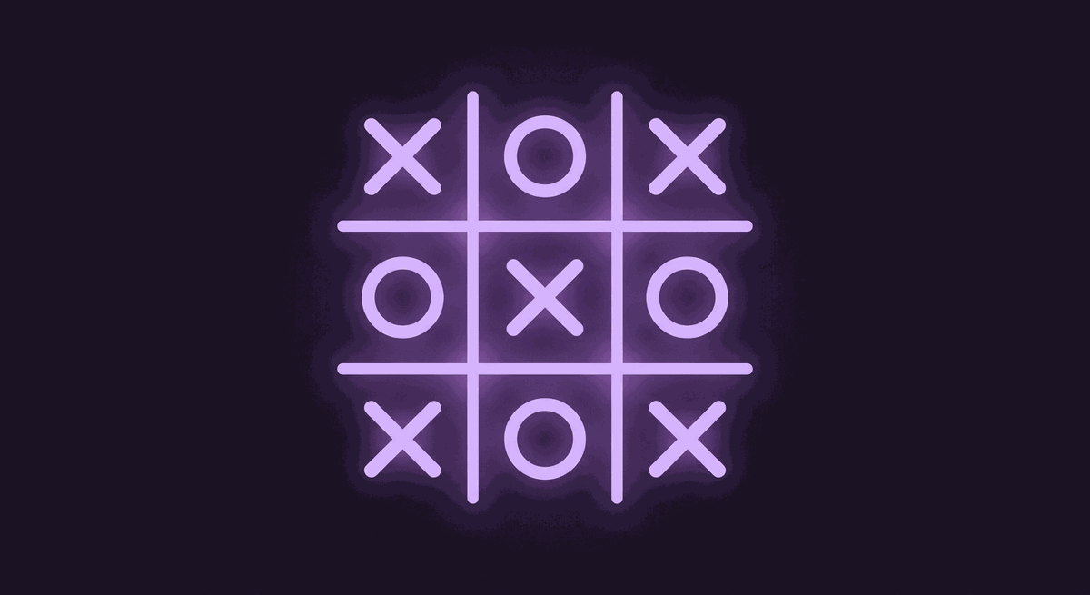 Papan tic-tac-toe penuh tanda X dan O yang seimbang melambangkan hasil remis, aksen lilac di latar ungu
