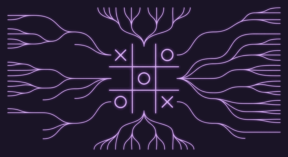 Papan tic-tac-toe dengan garis strategi menyala berwarna lilac di atas latar ungu malam